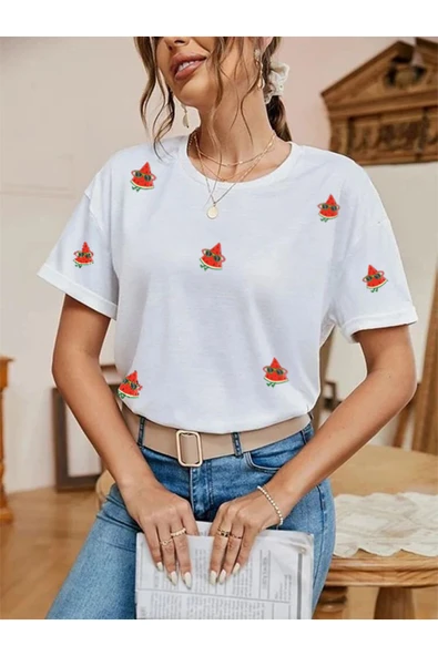 TexKid Karpuz Baskılı Beyaz Standart Kesim Kadın Tişört ürün görseli 1