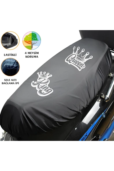 TexKid King Queen Tasarımlı Motosiklet Sele Kılıfı Motor Koltuk Brandası Siyah ürün görseli 1