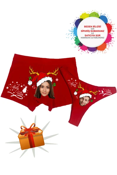 TexKid Kutulu Kişiye Özel Fotoğraflı Yılbaşı Yeni Yıl Tasarımlı Kadın Külot ve Erkek Boxer 2'li Set ürün görseli 1