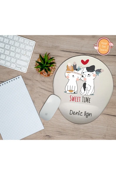 TexKid Kişiye Özel Sweet Time (tatlı Zaman) Yazılı 2 Kedi Temalı Mousepad Bilek Destekli ürün görseli 1