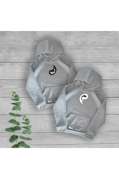 TexKid Yin ve Yang Baskılı Çift Sevgili Temalı Oversize 2'li Gri Sweatshirt ürün görseli 1