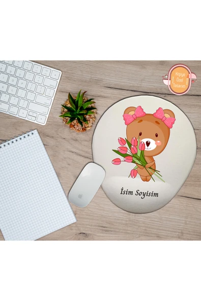 hediye kapımda Kişiye Özel Çiçek Lale Buketi Tutan Sevimli Ayı Temalı Mouse Pad Bilek Destekli ürün görseli 1