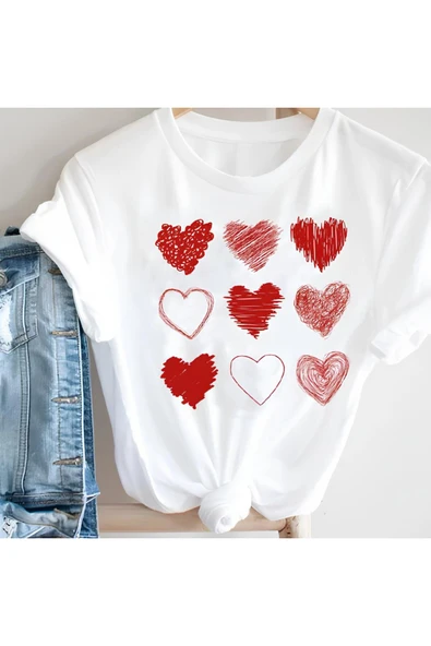TexKid Çizim 9 Kalp Tasarımlı Beyaz Kısa Kollu Tişört ürün görseli 1
