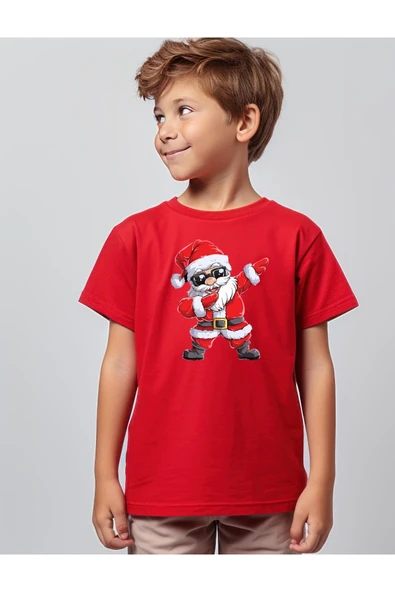 TexKid Santa Claus Dabbing Yılbaşı Baskılı Kırmızı Çocuk Tişörtü - Resim 2