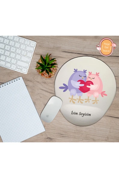 hediye kapımda Kişiye Özel Aşık Kuşlar Kalp Sevgili Temalı Mouse Pad Bilek Destekli ürün görseli 1