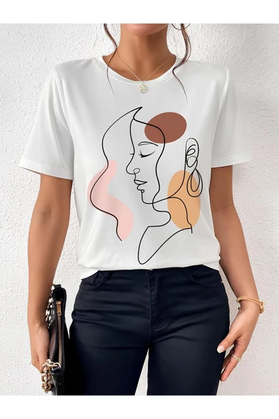 TexKid Kadın Silüet Tasarımlı Beyaz Standart Kadın Tişört ürün görseli 1