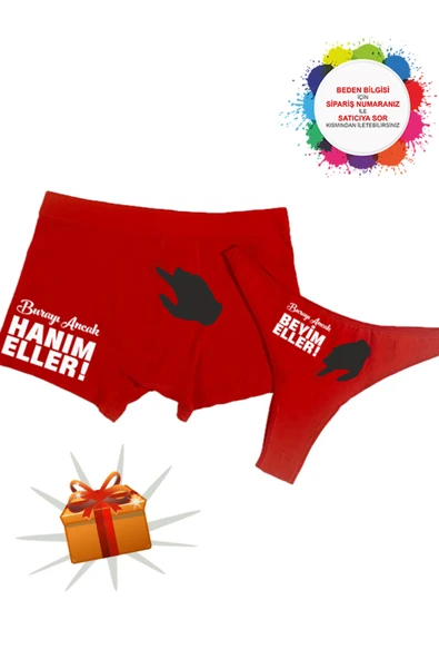 TexKid Hediye Kutulu Burayı Hanım/Beyim Eller Baskılı Kadın Külot Erkek Boxer Seti ürün görseli 1
