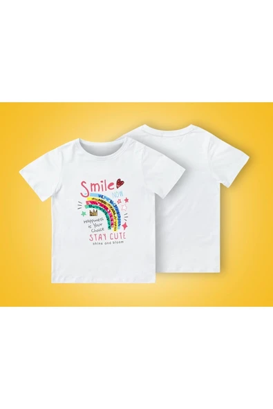 TexKid Gülümse Yazılı Gökkuşağı Baskılı Çocuk Tişört ürün görseli 1