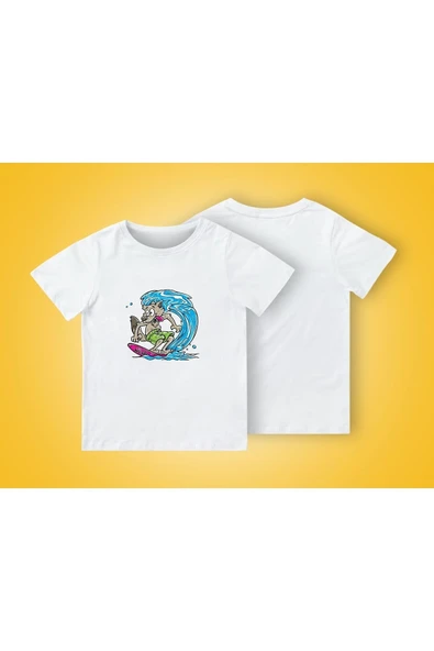 TexKid Sörf Yapan Kurt Baskılı Çocuk Tişört ürün görseli 1