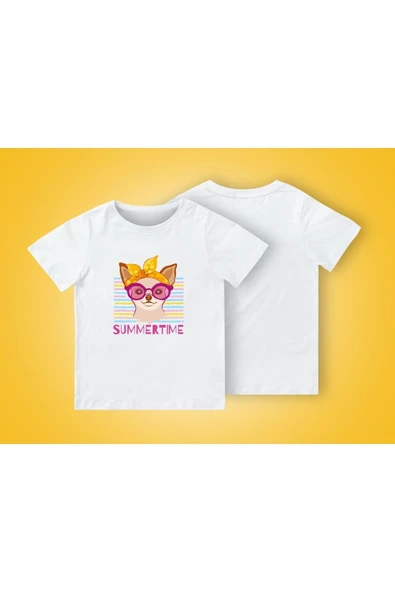 TexKid Yaz Mevsimi Yazılı Gözlük Bandana Takan Köpek Baskılı Çocuk Tişört ürün görseli 1