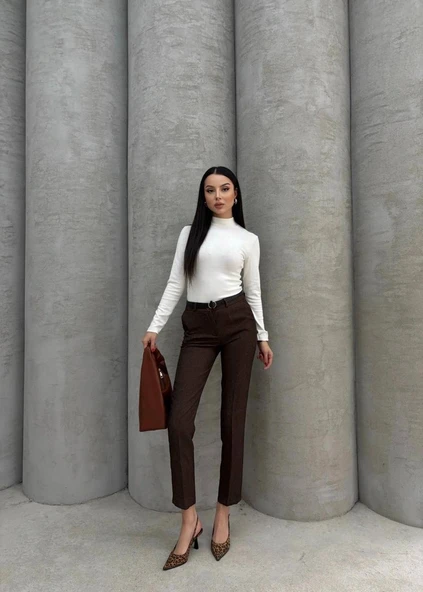 Dar paça kemerli kumaş pantolon kahve pt53 ürün görseli 1