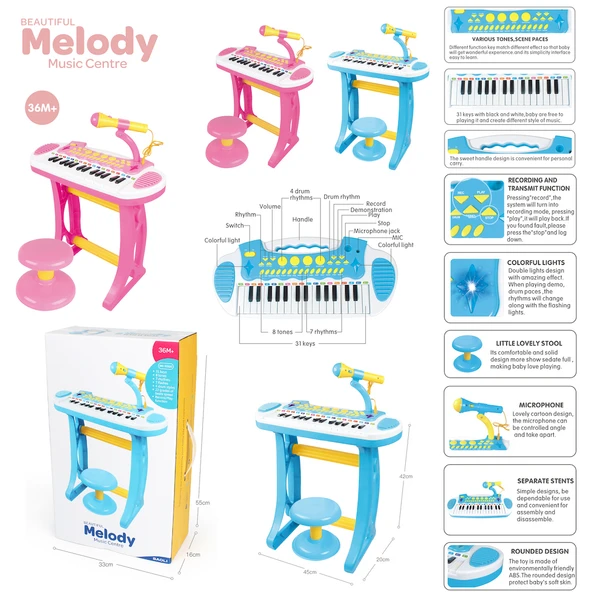 Vardem 24 Tuşlu Mini Piyano MP3 Ve Mikrofonlu BAO-3132C Mavi - Resim 3