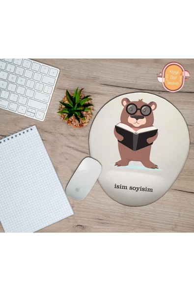 TexKid Kişiye Özel Gözlüklü Kitap Okuyan Bozayı Baskılı Bilek Destekli Mouse Pad ürün görseli 1