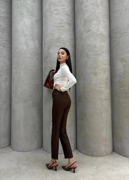 Dar paça kemerli kumaş pantolon kahve pt53 - Resim 4