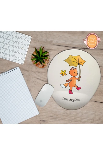 hediye kapımda Kişiye Özel Yaprak Şemsiyeli Süslü Tilki Temalı Mouse Pad Bilek Destekli ürün görseli 1