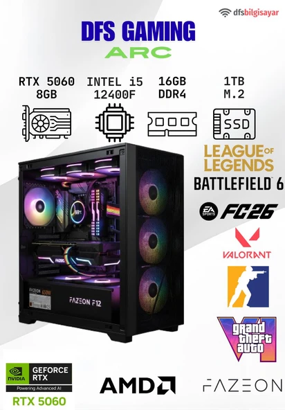 DFS Gaming ARC INTEL I5 12400F-H610M-RTX 5060 8GB-16GB DDR4 RAM-1TB M.2 NVME-MASAUSTU OYUNCU BILGISAYARI ürün görseli 1