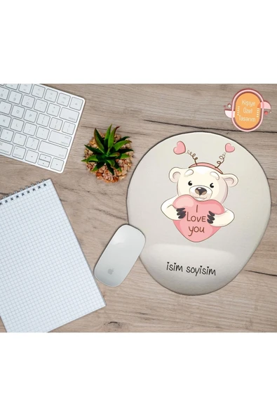 TexKid Kişiye Özel Kutup Ayısı Kalp Baskılı Seni Seviyorum Yazılı Bilek Destekli Mouse Pad ürün görseli 1