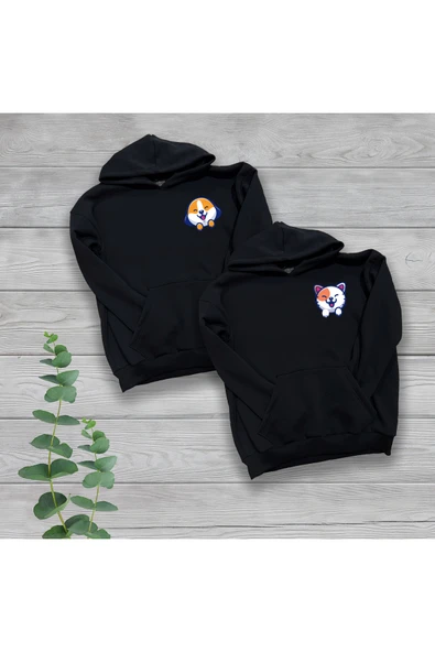 TexKid Kedi Köpek Temalı Çift Sevgili Göğüs Baskılı Oversize Sweatshirt ürün görseli 1