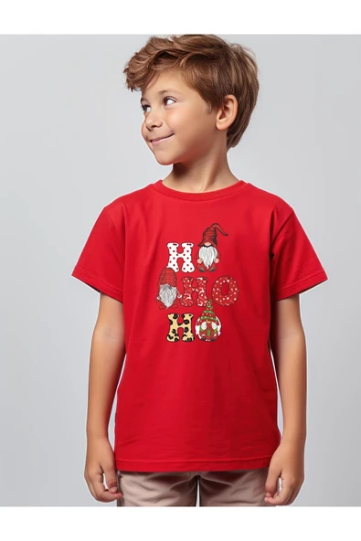 TexKid Yılbaşı Ho Ho Ho Yazılı Kırmızı Çocuk Tişört ürün görseli 1