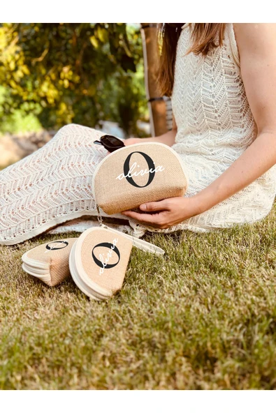 TexKid Kişiye Özel Jüt Kumaş Matruşka 3'lü Makyaj Çanatası, El Çantası, Bozuk Para Cüzdanı ürün görseli 1