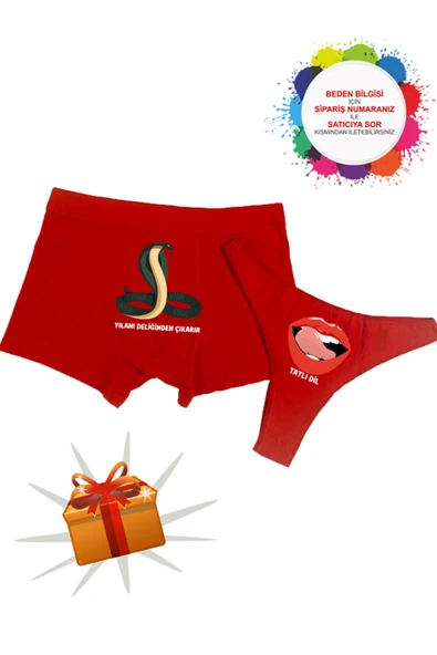 TexKid Kalpli Kutu Tatlı Dil Yılanı Deliğinden Çıkarır Tasarımlı Kadın Külot Ve Erkek Boxer Ikili Set ürün görseli 1
