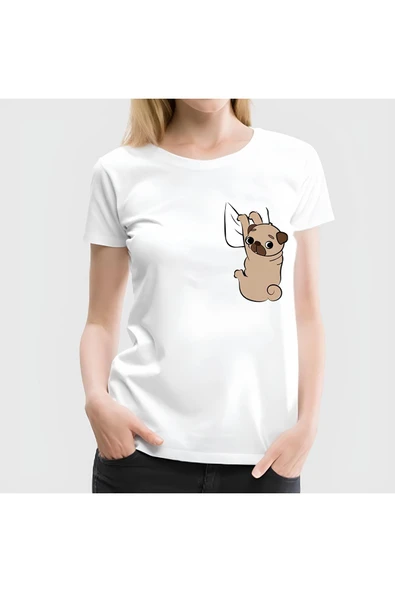 TexKid Cepte Sevimli Köpek Tasarımlı Kadın Beyaz Kısa Kollu Tişört ürün görseli 1