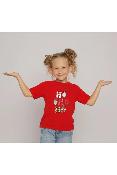 TexKid Yılbaşı Ho Ho Ho Yazılı Kırmızı Çocuk Tişört - Resim 2