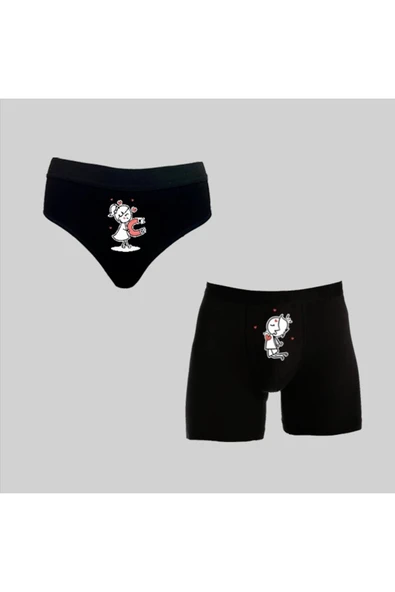 TexKid Kutulu Sevgili Mıknatıs Tasarımlı Eğlenceli Kadın Külot Ve Erkek Boxer İkili Set ürün görseli 1