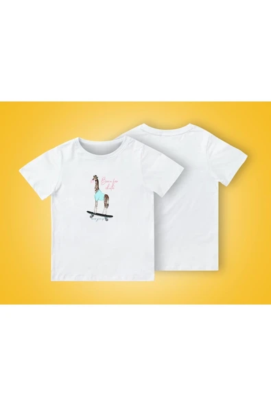 TexKid Paten İçin Doğdu Yazılı Zürafa Baskılı Çocuk Tişört ürün görseli 1