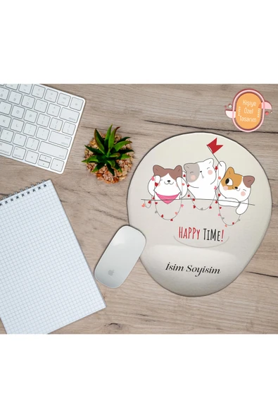 TexKid Kişiye Özel Happy Time (mutlu Zaman) Yazılı 3 Kedi Temalı Mousepad Bilek Destekli ürün görseli 1