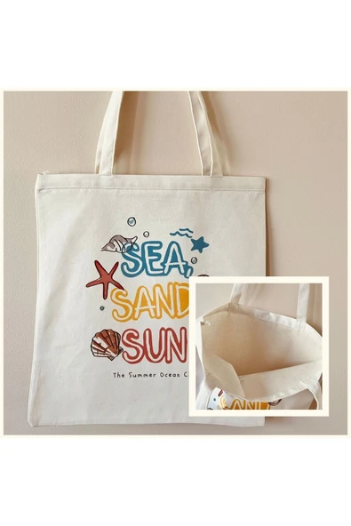 TexKid Sea Sand Sun (Deniz Kum Güneş) Yazılı Sıvı Geçirmez Bez Çanta - Resim 2