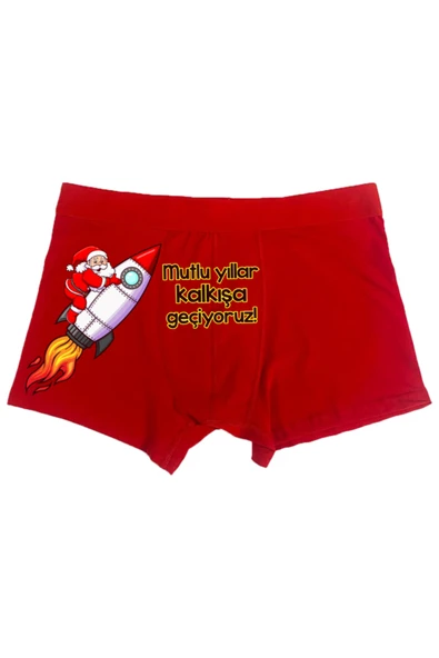 TexKid Uzay Mekiği Noel Baba Tasarımlı Mutlu Yıllar Kalkışa Geçiyoruz Yazılı Eğlenceli Erkek Man Boxer ürün görseli 1