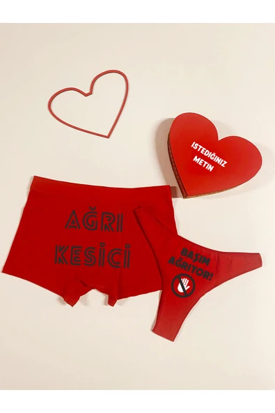 TexKid Hediye Kutulu Başım Ağrıyor / Baskılı Eğlenceli Kadın Külot Erkek Boxer Seti ürün görseli 1