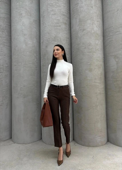 Dar paça kemerli kumaş pantolon kahve pt53 - Resim 2