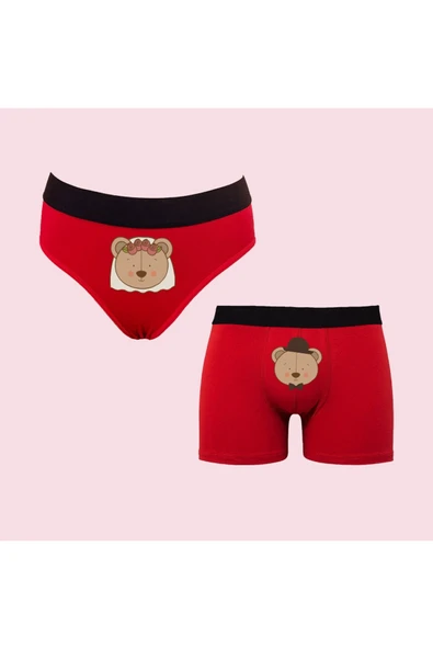 TexKid Kutulu Sevimli Ayı Çift Tasarımlı Kadın Külot Ve Erkek Boxer İkili Set ürün görseli 1