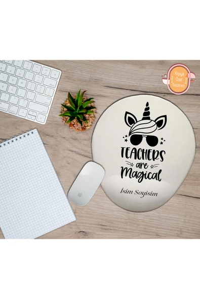 hediye kapımda Kişiye Özel Unicorn Temalı Öğretmenler Sihirlidir Yazılı Mouse Pad Bilek Destekli ürün görseli 1
