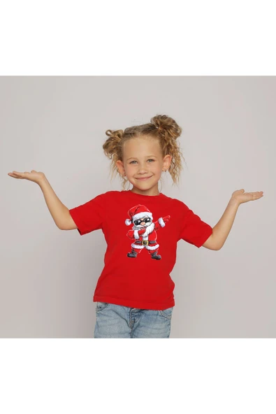 TexKid Santa Claus Dabbing Yılbaşı Baskılı Kırmızı Çocuk Tişörtü ürün görseli 1