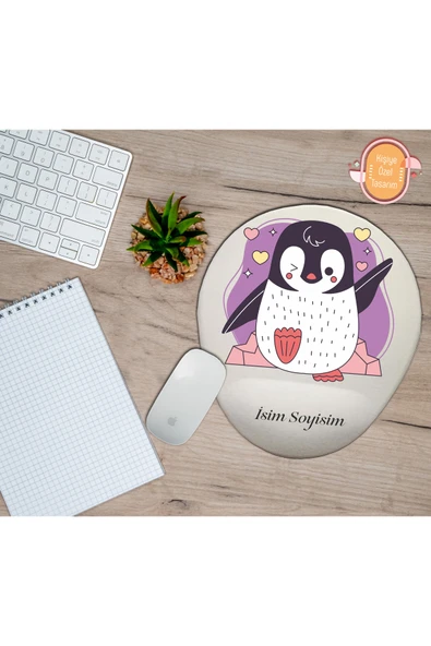 TexKid Kişiye Özel Penguen Renkli Kalp Temalı Mousepad Bilek Destekli ürün görseli 1