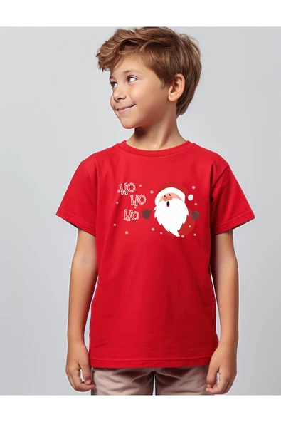 TexKid Yılbaşı Ho Ho Ho Yazılı Kırmızı Çocuk Tişört - Resim 2
