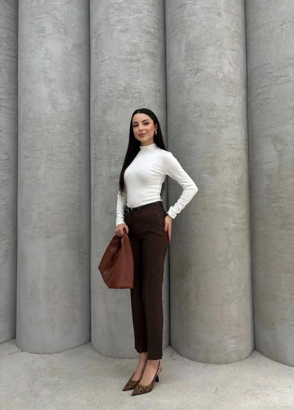 Dar paça kemerli kumaş pantolon kahve pt53 - Resim 3