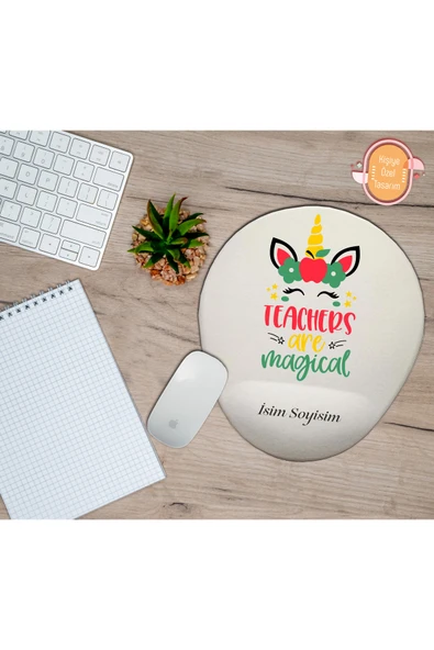 hediye kapımda Kişiye Özel Renkli Unicorn Temalı Öğretmenler Sihirlidir Yazılı Mouse Pad Bilek Destekli ürün görseli 1