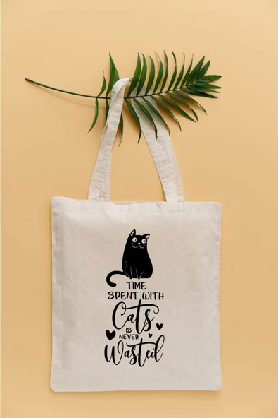 TexKid Kedilerle Geçen Zaman Asla Kayıp Değildir Yazılı Sıvı Geçirmez Bez Çanta ürün görseli 1