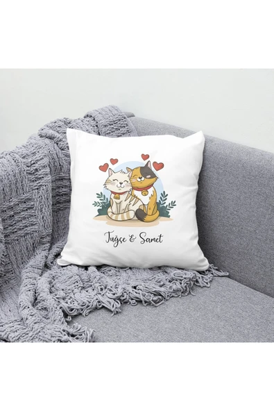 TexKid Kişiye Özel Kedi Çift Kalp Temalı Yastık ürün görseli 1