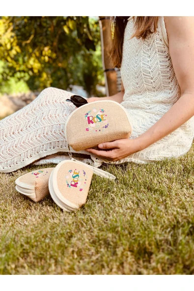 TexKid Kişiye Özel Jüt Kumaş Matruşka 3'lü Makyaj Çanatası, El Çantası, Bozuk Para Cüzdanı ürün görseli 1