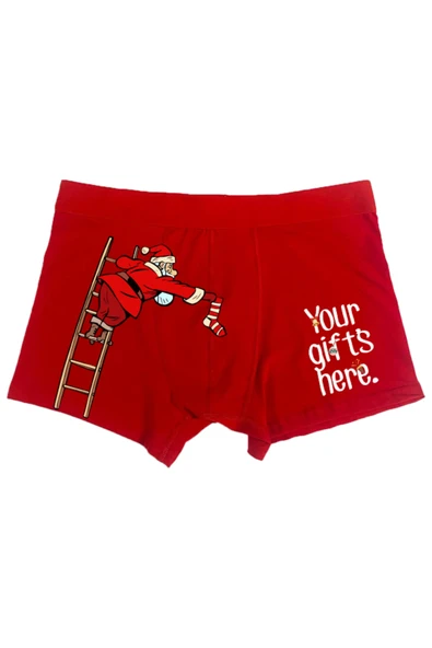 TexKid Merdiven Tırmanan Noel Baba Tasarımlı Your Gift's Here. Yazılı Eğlenceli Erkek Man Boxer ürün görseli 1