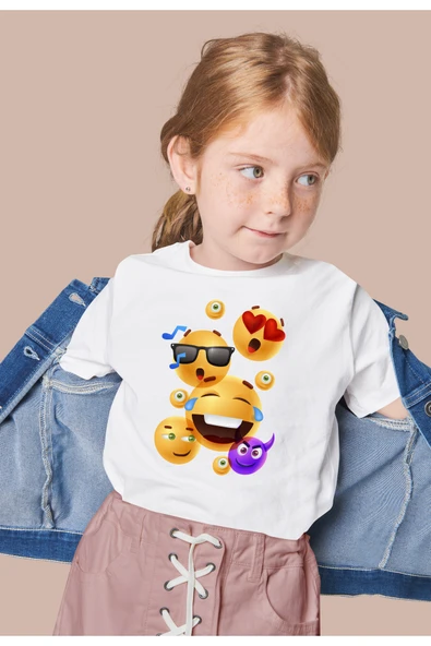 TexKid Karışık Emoji Baskılı Eğlenceli Tasarım Pamuklu Çocuk Tişörtü ürün görseli 1