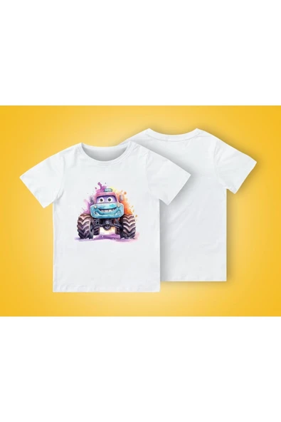 TexKid Suluboya Görünümlü Gülen Araba Baskılı Çocuk Tişört ürün görseli 1