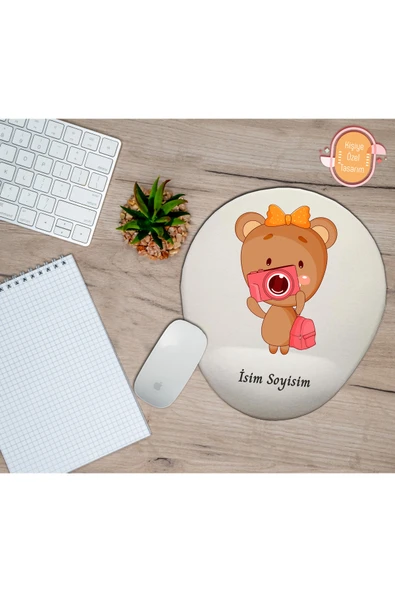 hediye kapımda Kişiye Özel Fotoğraf Çeken Sevimli Ayı Temalı Mouse Pad Bilek Destekli ürün görseli 1