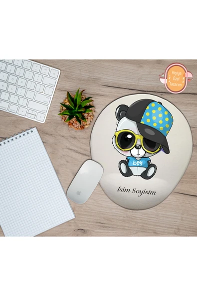 hediye kapımda Kişiye Özel Erkek Yazılı Şapkalı Panda Temalı Mouse Pad Bilek Destekli ürün görseli 1