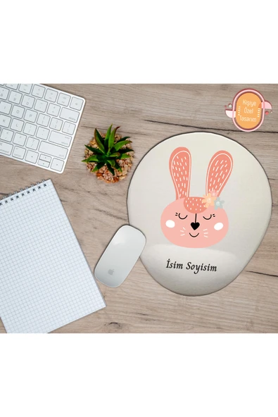 hediye kapımda Kişiye Özel Pembe Süslü Tavşan Temalı Mouse Pad Bilek Destekli ürün görseli 1